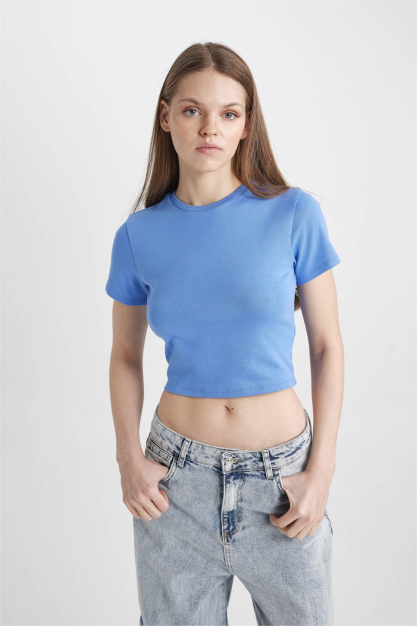 Woman Blue Slim Fit Ribana Short Sleeve T-Shirt