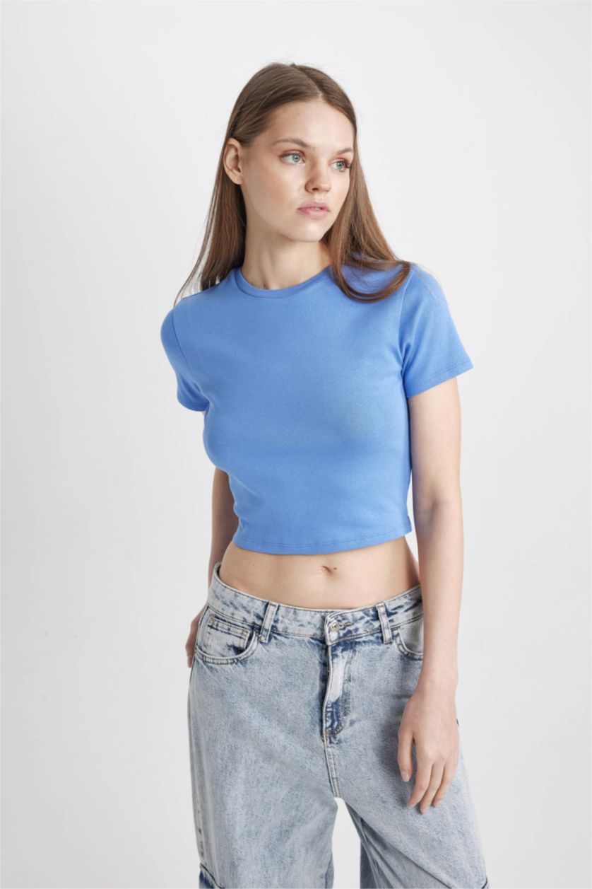 Woman Blue Slim Fit Ribana Short Sleeve T-Shirt