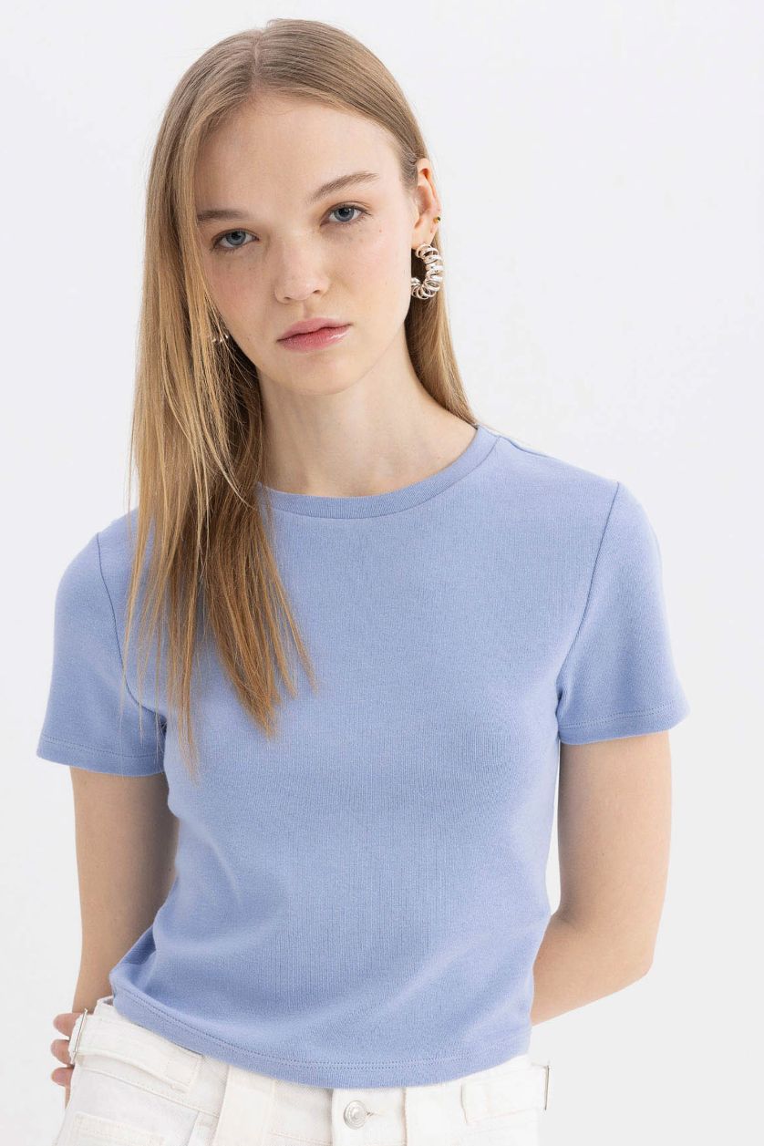 WOMAN Blue Fitted Ribana Basic Short Sleeve T-Shirt