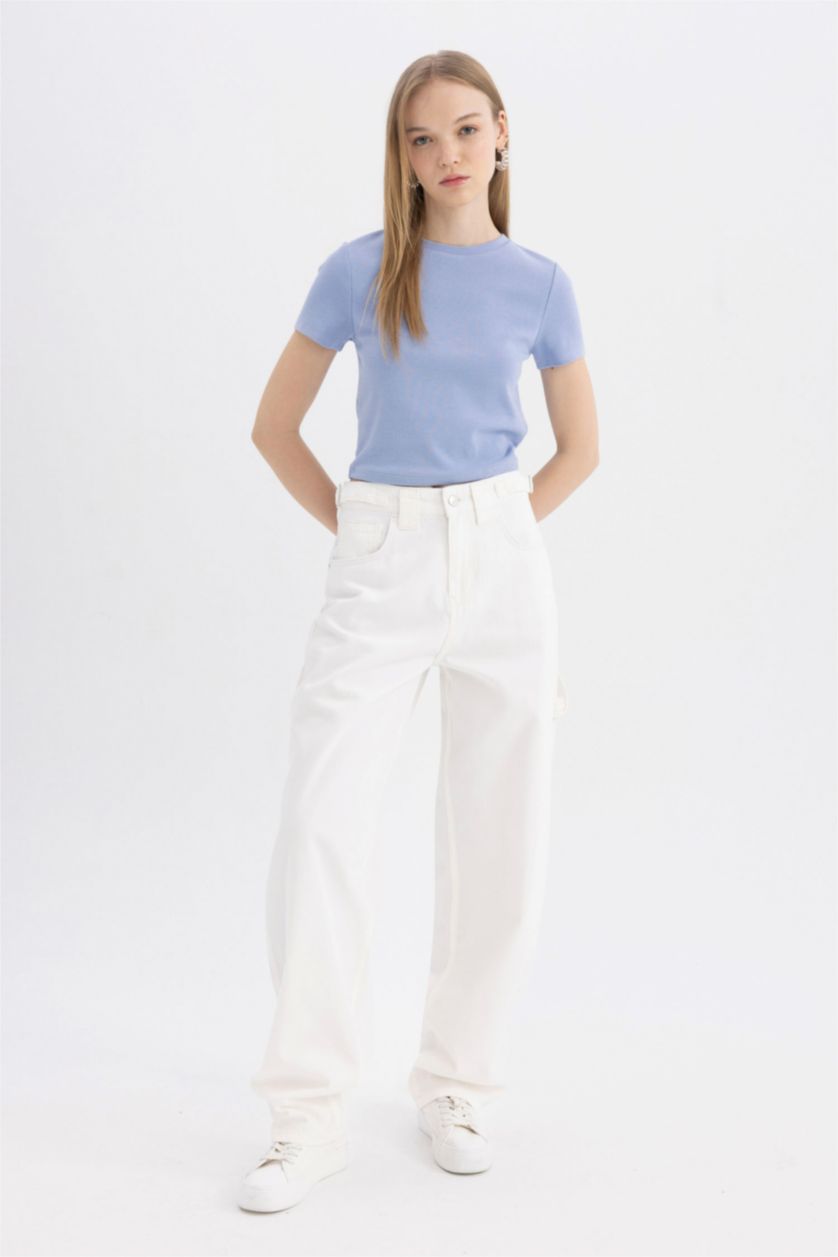 WOMAN Blue Fitted Ribana Basic Short Sleeve T-Shirt