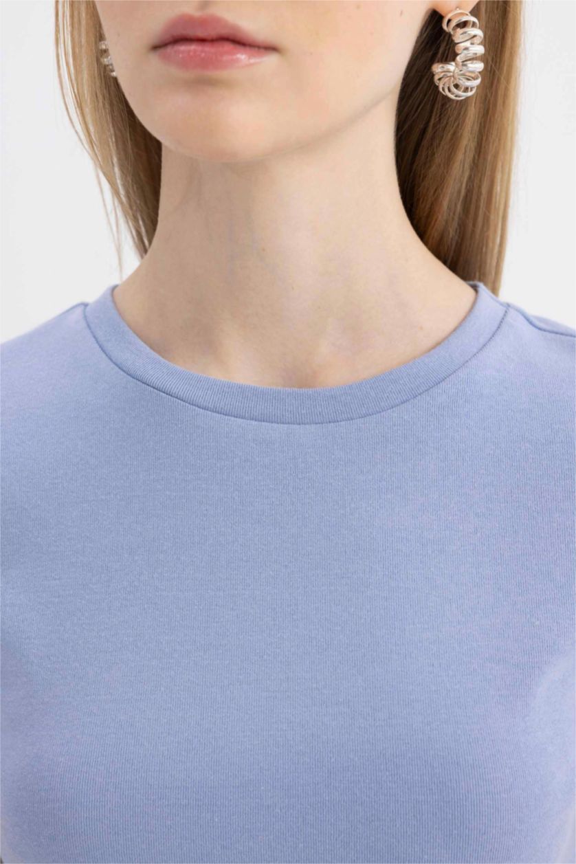 WOMAN Blue Fitted Ribana Basic Short Sleeve T-Shirt