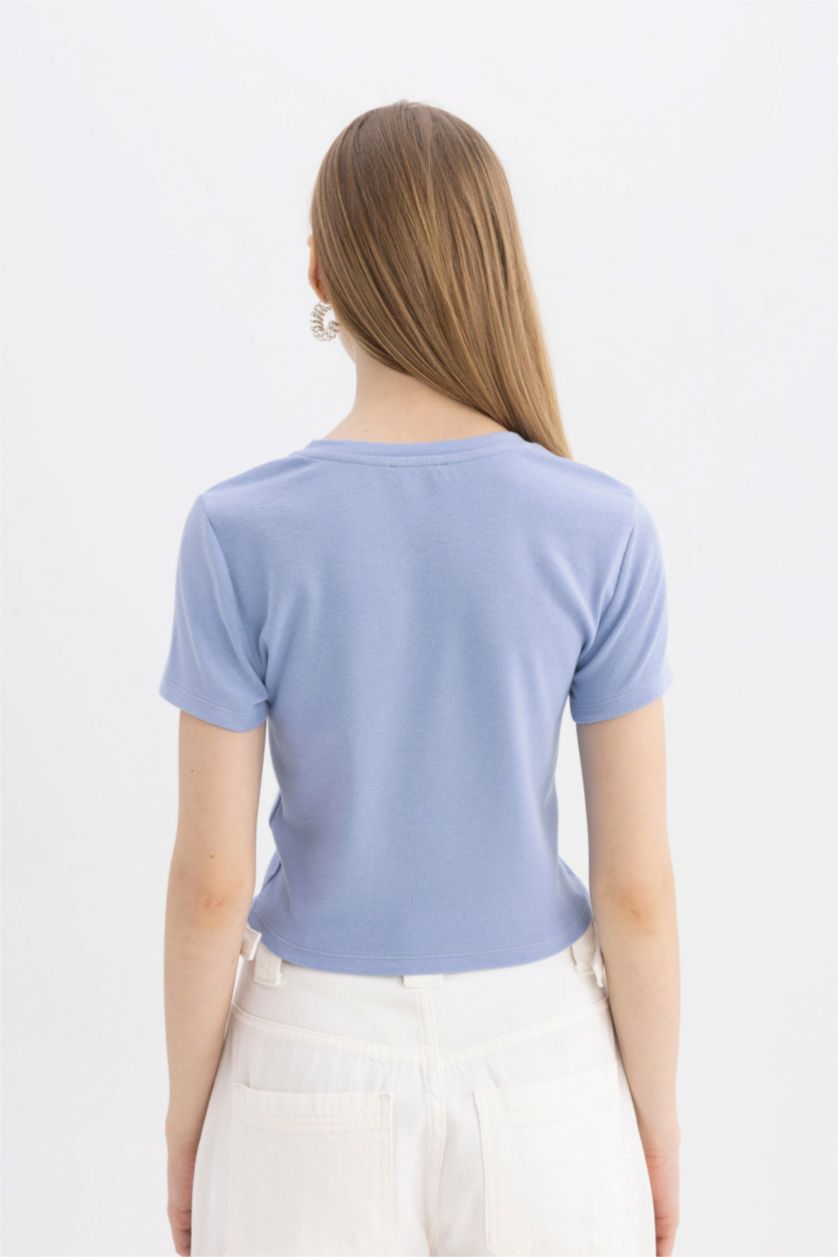 WOMAN Blue Fitted Ribana Basic Short Sleeve T-Shirt
