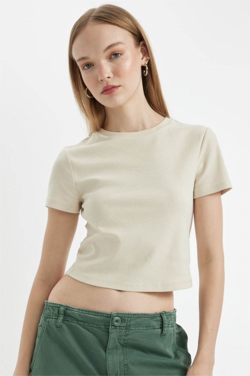 Kadın Taş Coool Fitted Ribana Basic Düz Crop Kısa Kollu Tişört