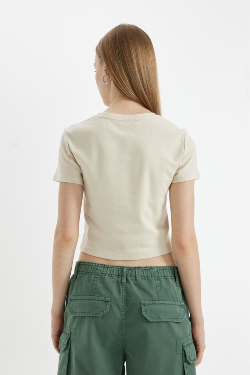 Kadın Taş Coool Fitted Ribana Basic Düz Crop Kısa Kollu Tişört