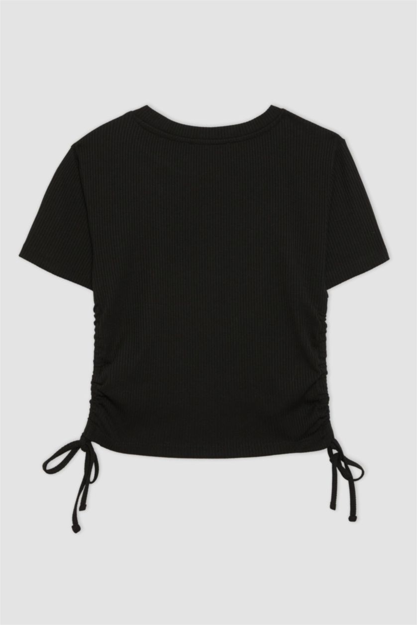 Woman Black Slim Fit Crew Neck Camisole Short Sleeve T-Shirt