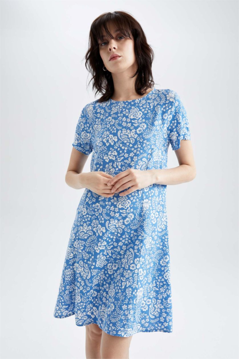 نساء أزرق فاتح فستان صيفي قصير بقصة مريحة على شكل حرف A بنمط الأزهار