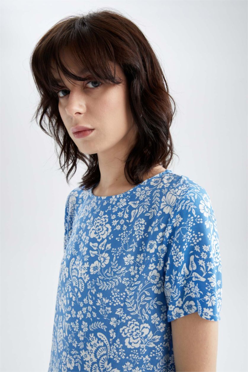 نساء أزرق فاتح فستان صيفي قصير بقصة مريحة على شكل حرف A بنمط الأزهار