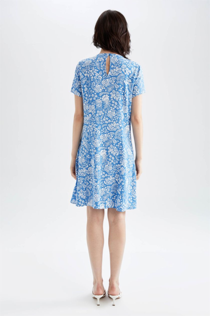 نساء أزرق فاتح فستان صيفي قصير بقصة مريحة على شكل حرف A بنمط الأزهار