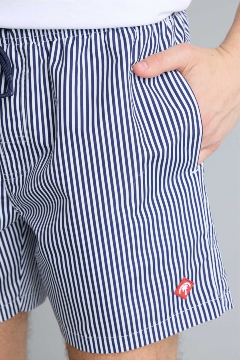 Erkek Lacivert Çizgili File Astarlı Kısa Boy Deniz Şortu