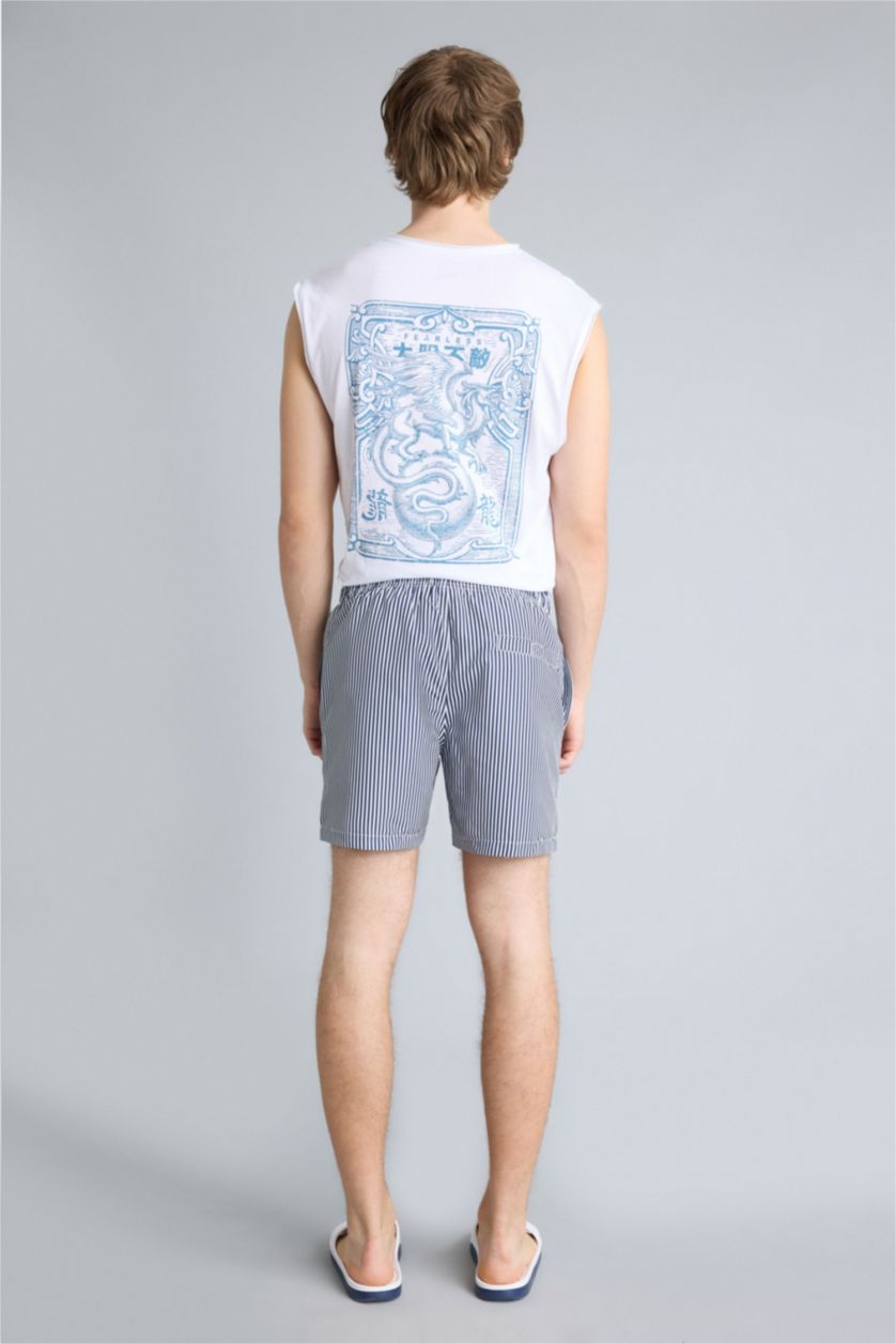 Erkek Lacivert Çizgili File Astarlı Kısa Boy Deniz Şortu