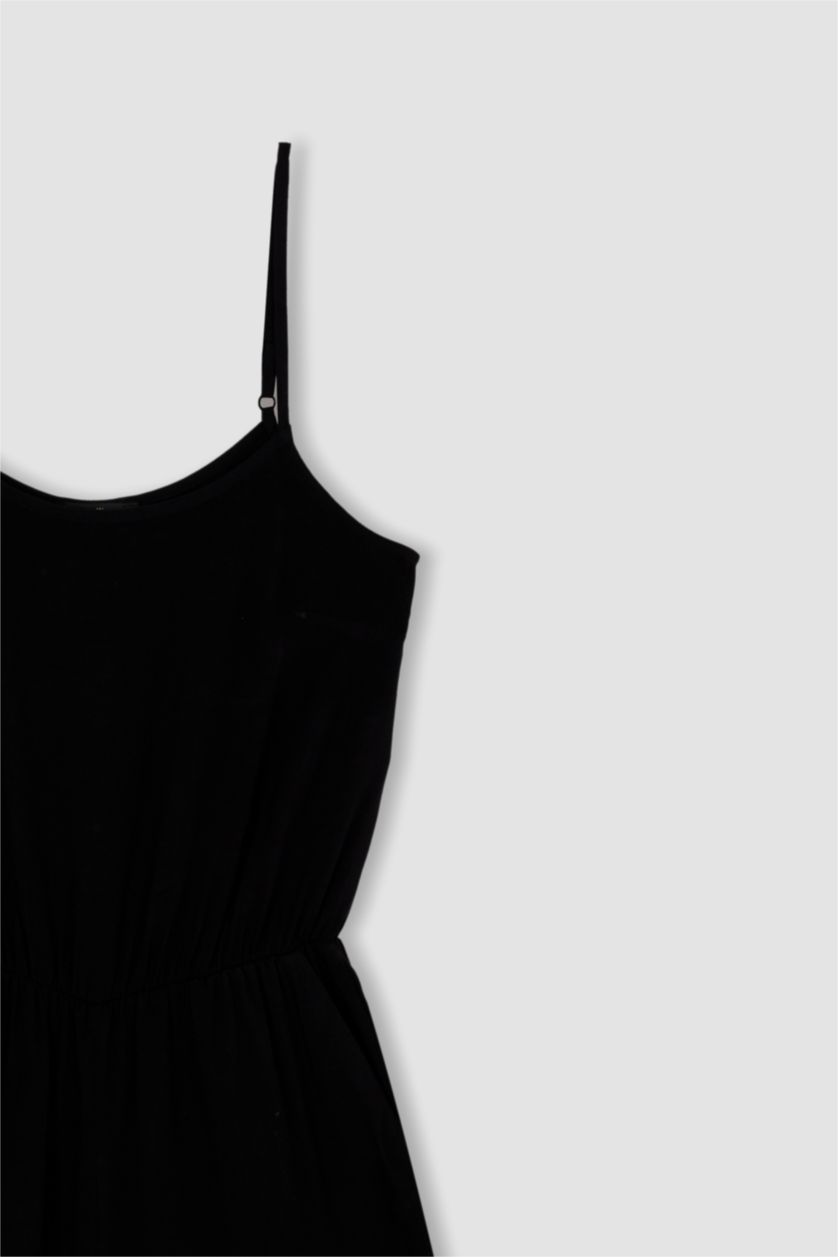 نساء Siyah جمبسوت بياقة مستديرة بحمالات