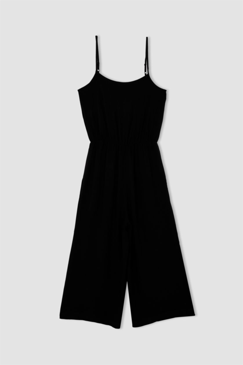 نساء Siyah جمبسوت بياقة مستديرة بحمالات