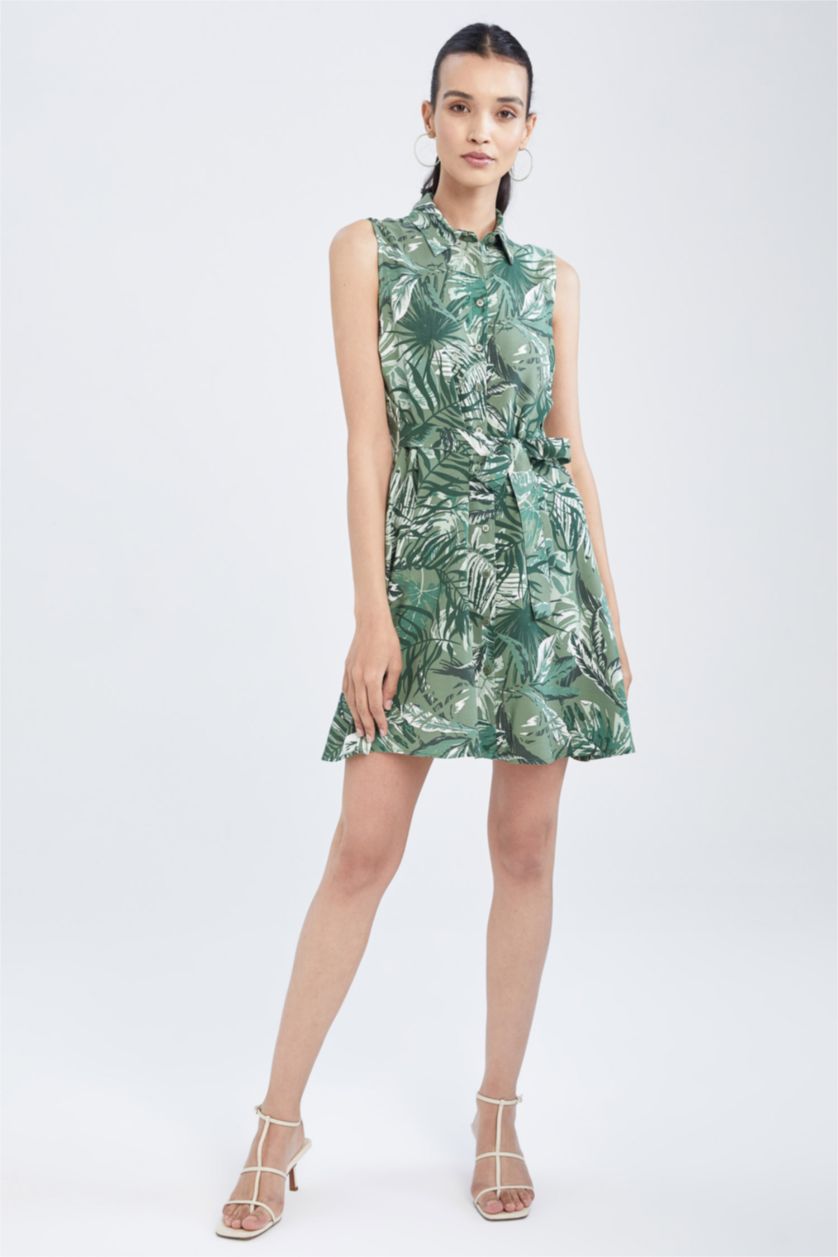 FEMME Vert Clair Mini robe tissée à col chemise et manches courtes