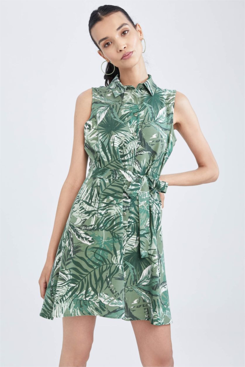 FEMME Vert Clair Mini robe tissée à col chemise et manches courtes