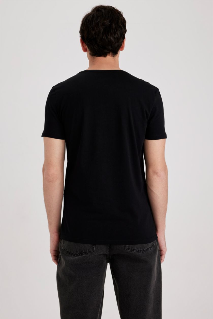 رجال أسود تي شيرت سليم فيت مطبوع بياقة مستديرة