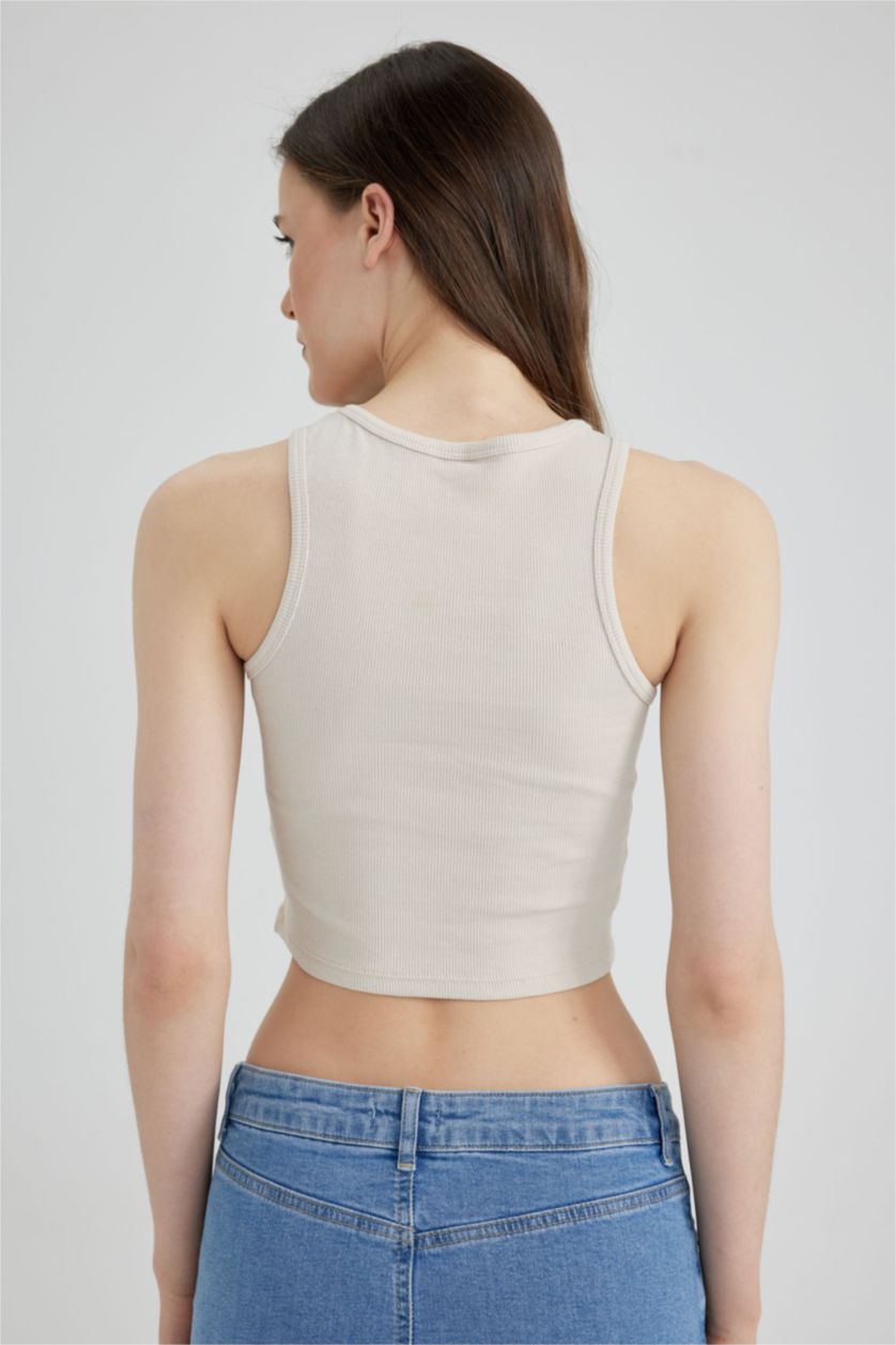 Woman Light Beige Fitted Halter Collar Ribbed Camisole Singlet