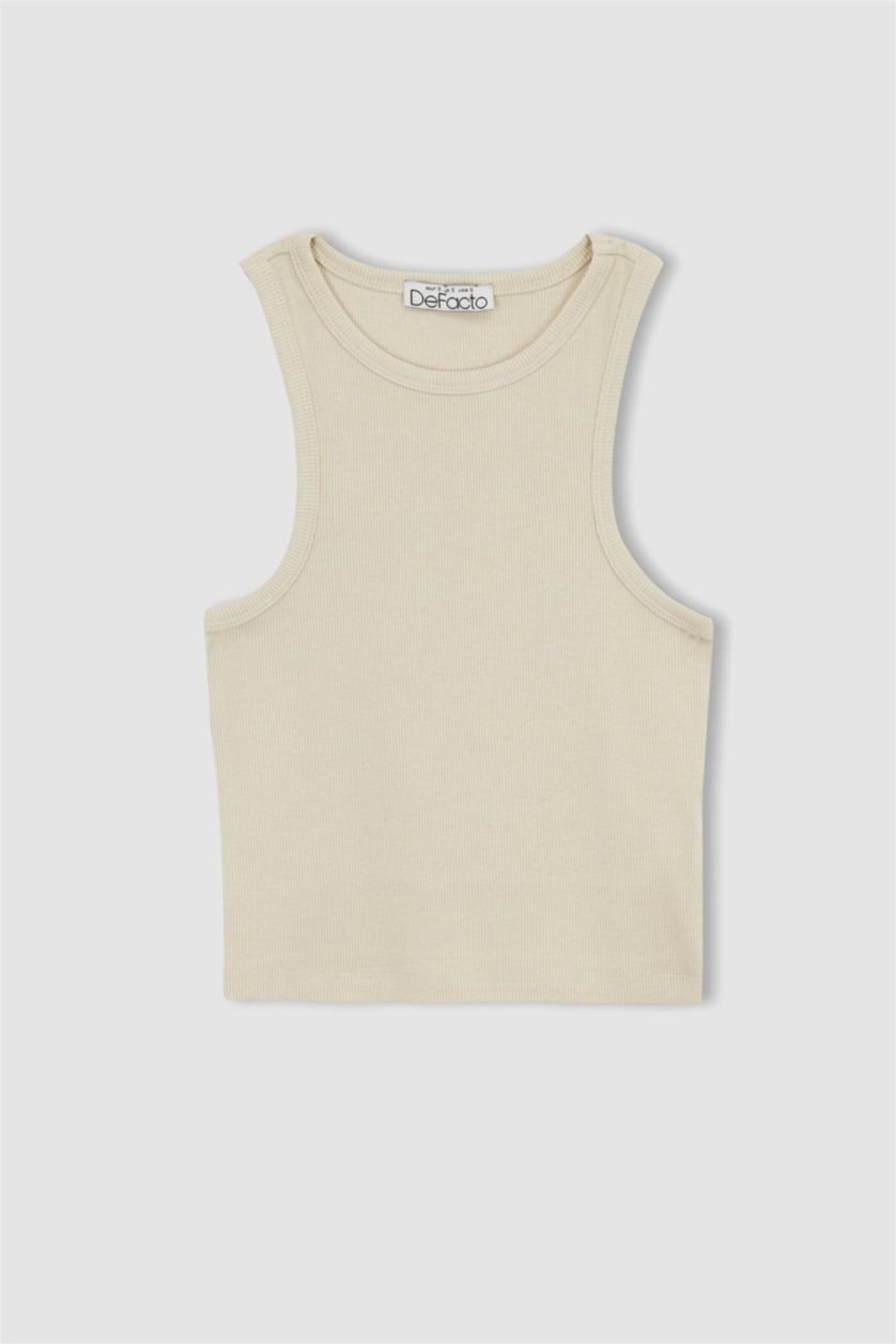 Woman Light Beige Fitted Halter Collar Ribbed Camisole Singlet