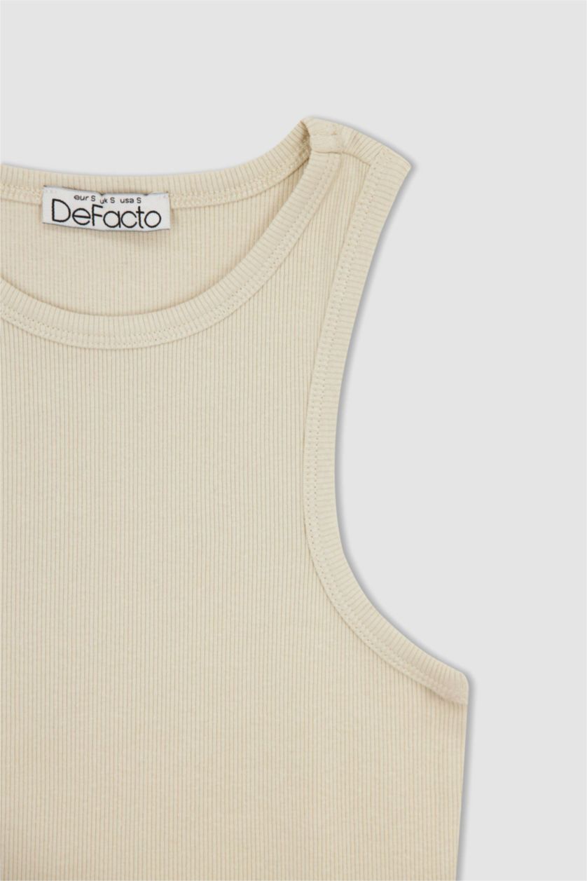 Woman Light Beige Fitted Halter Collar Ribbed Camisole Singlet