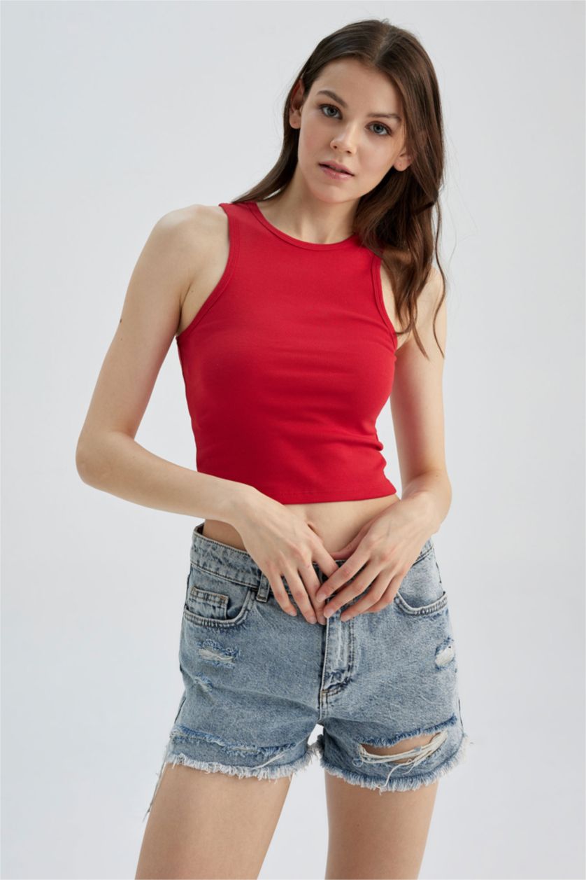WOMAN Red Fitted Halter Collar Ribbed Camisole Singlet