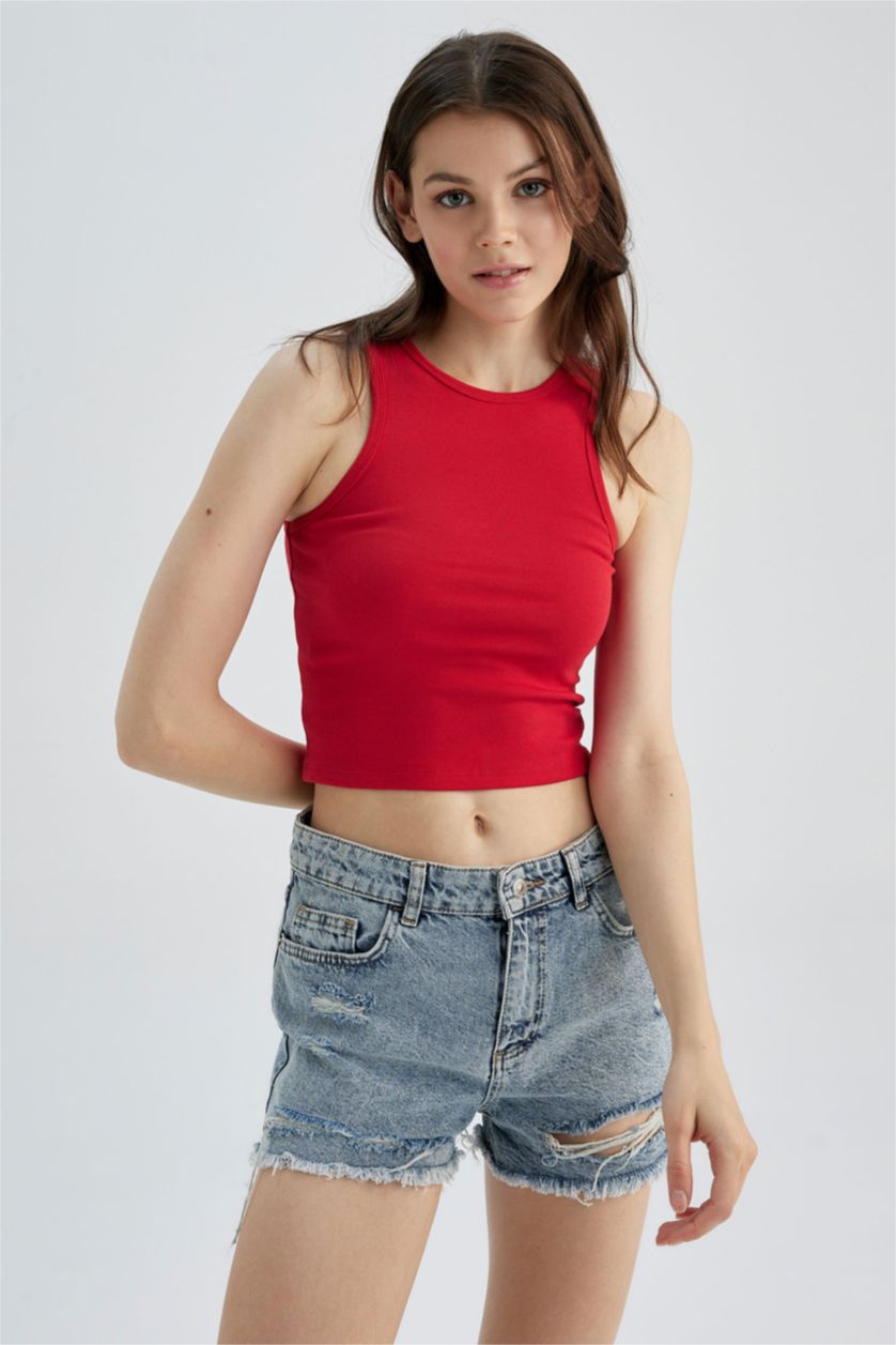 WOMAN Red Fitted Halter Collar Ribbed Camisole Singlet