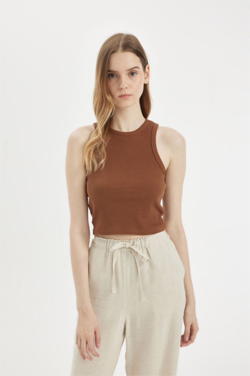 Woman Brown Fitted Halter Neck Ribbed Camisole Crop Top