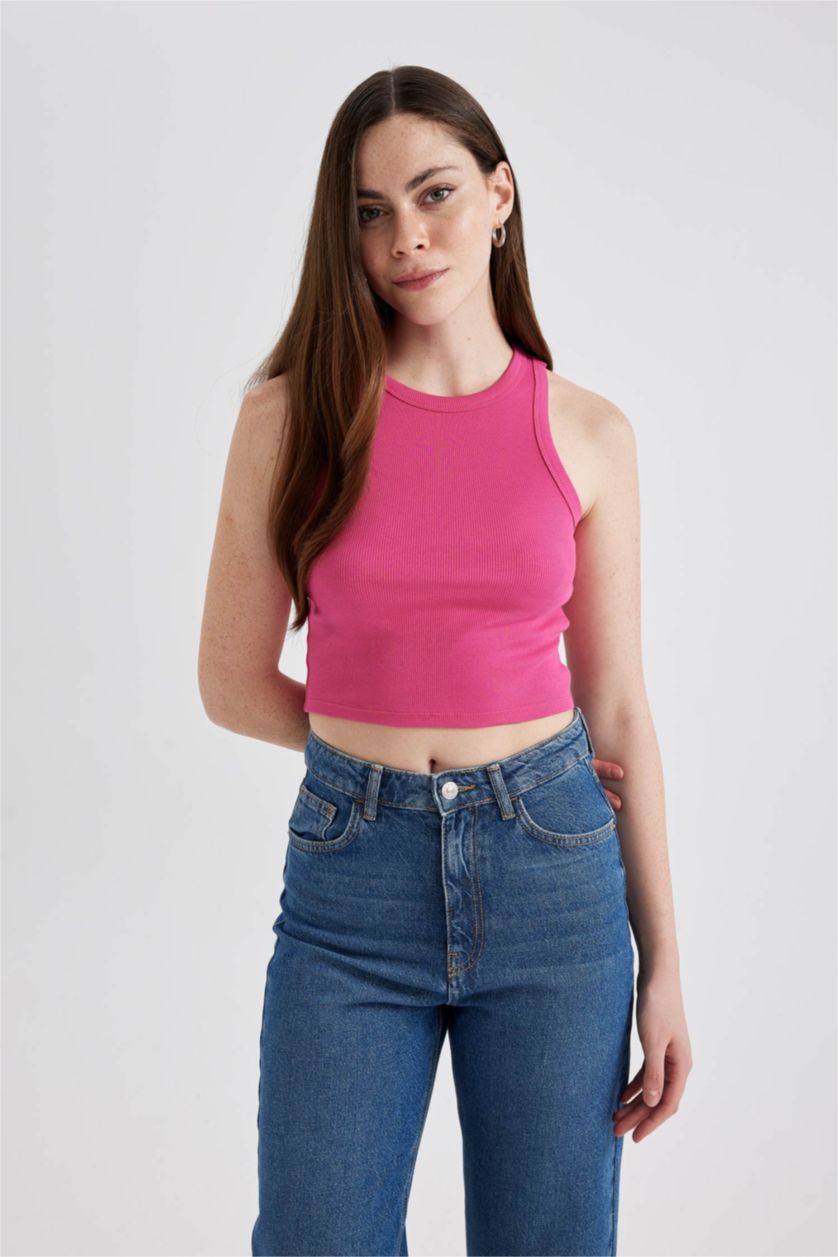 FEMME Rose Débardeur Slim Basique à col licou et à côtes