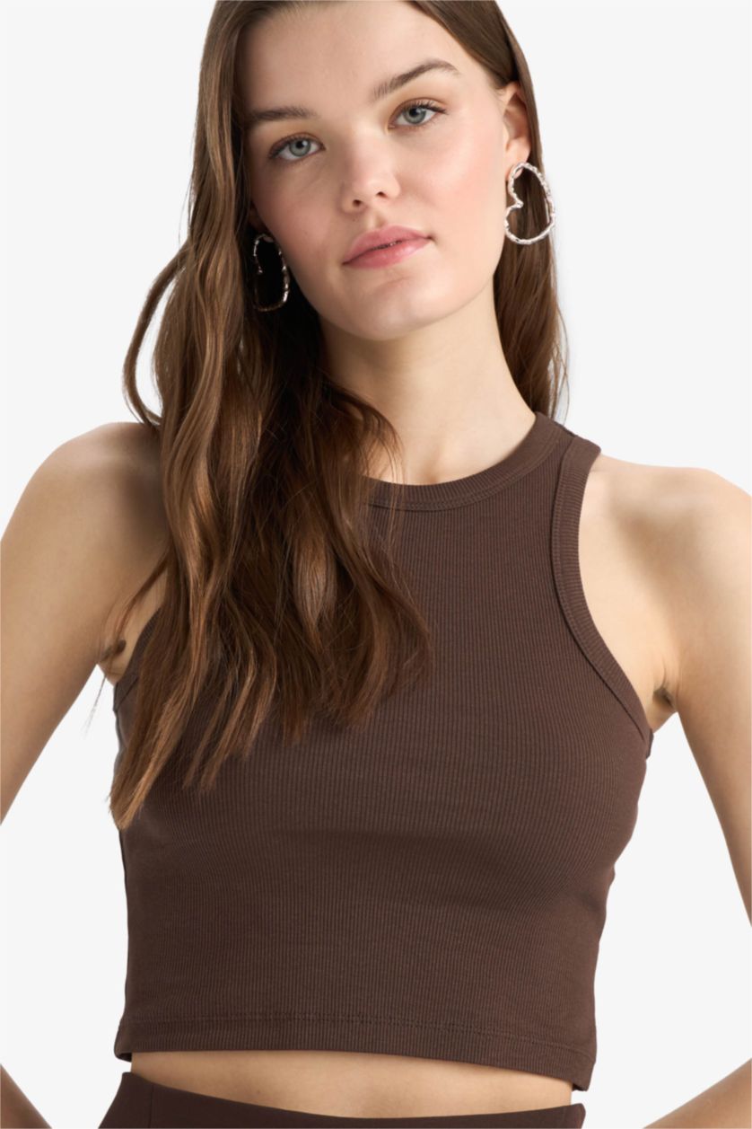 Женщины Коричневый Топ Halter с рифлением