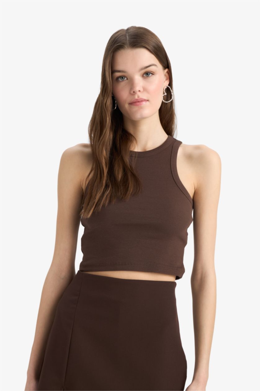 Женщины Коричневый Топ Halter с рифлением