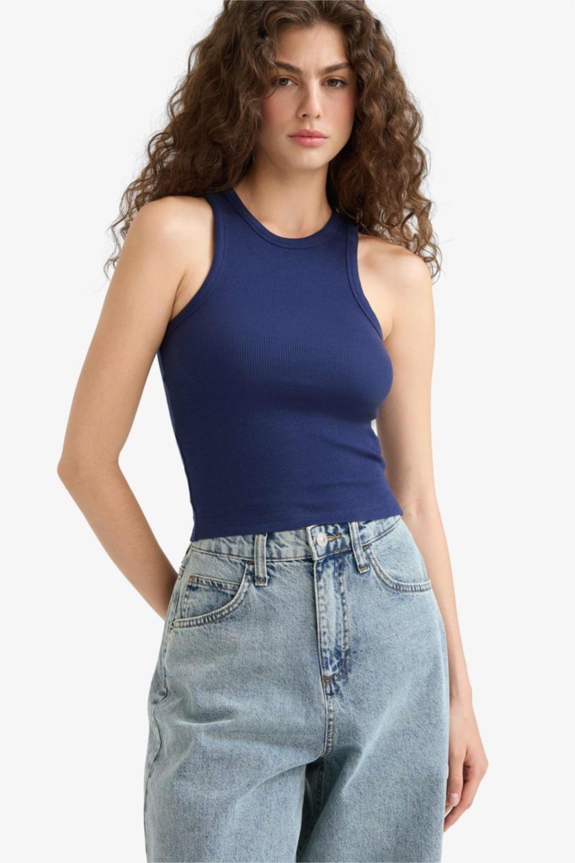 WOMAN NAVY Slim Fit Camisole Halter Collar Tank Top