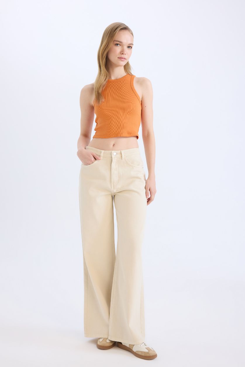 Kadın Turuncu Fıtted Halter Yaka Fitilli Kaşkorse Atlet