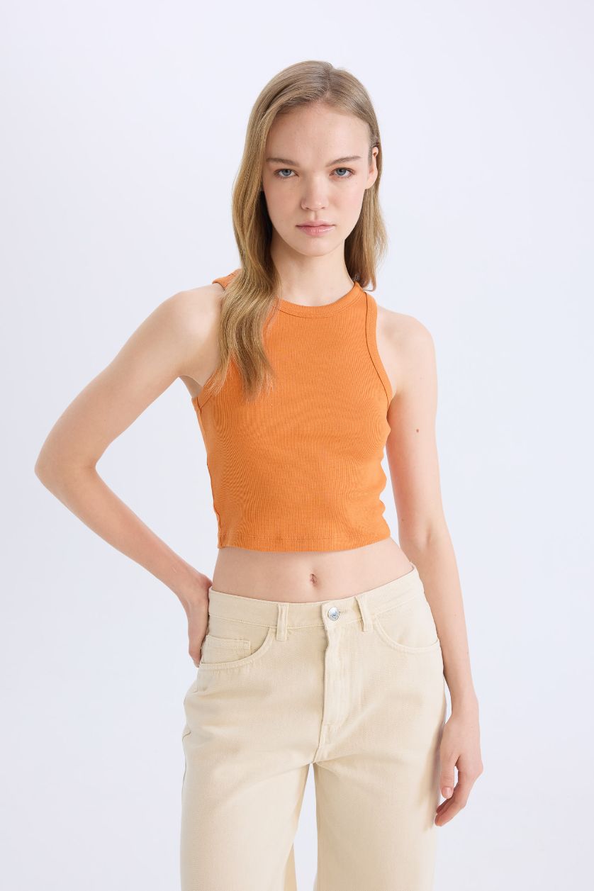 Kadın Turuncu Fıtted Halter Yaka Fitilli Kaşkorse Atlet