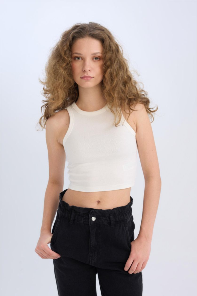 Kadın Kırık Beyaz Afra x DeFacto Fitted Halter Yaka Fitilli Kaşkorse Atlet