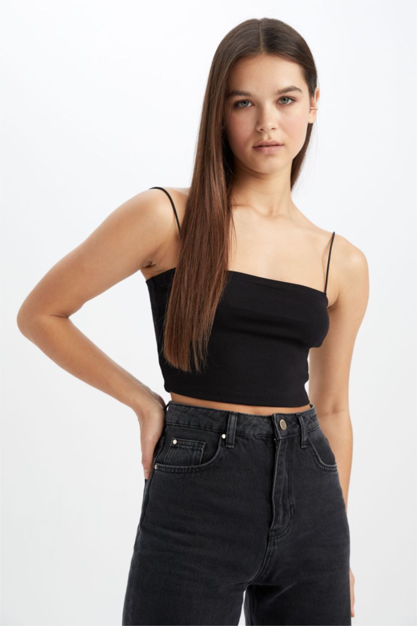WOMAN Black Coool Skinny Fit Cotton Crop Top with Rope Strap