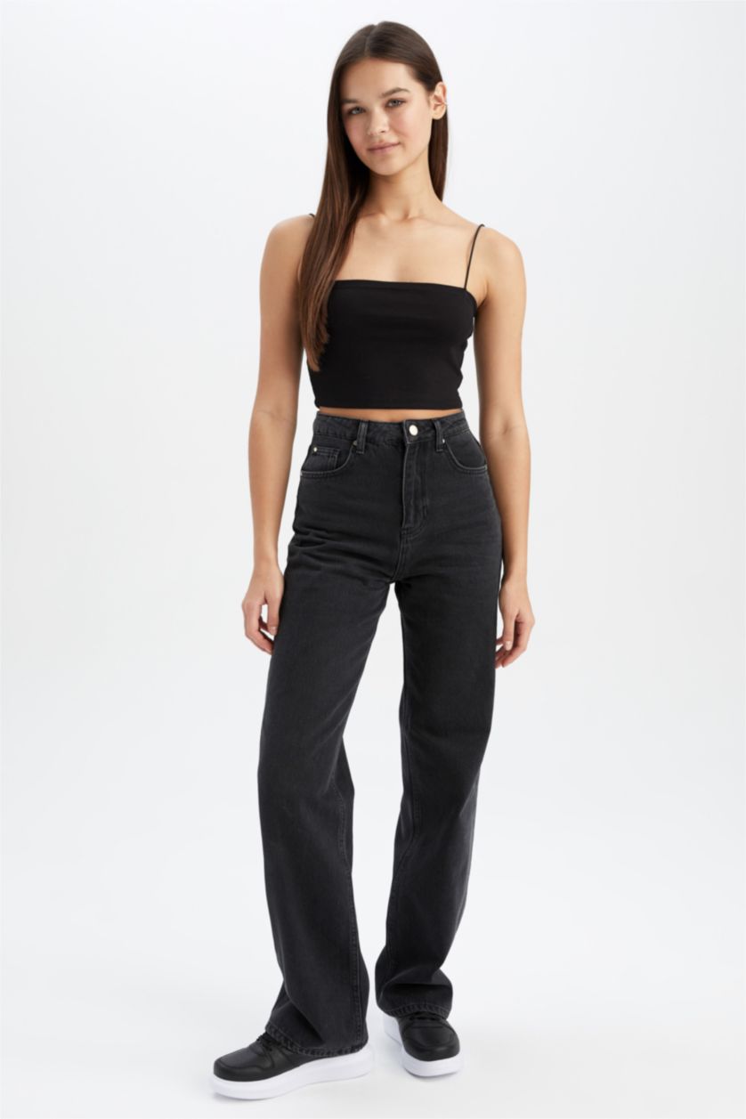 WOMAN Black Coool Skinny Fit Cotton Crop Top with Rope Strap