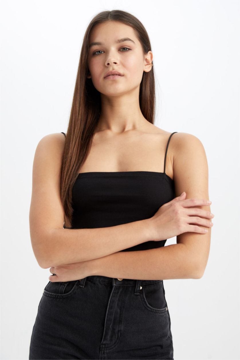 WOMAN Black Coool Skinny Fit Cotton Crop Top with Rope Strap