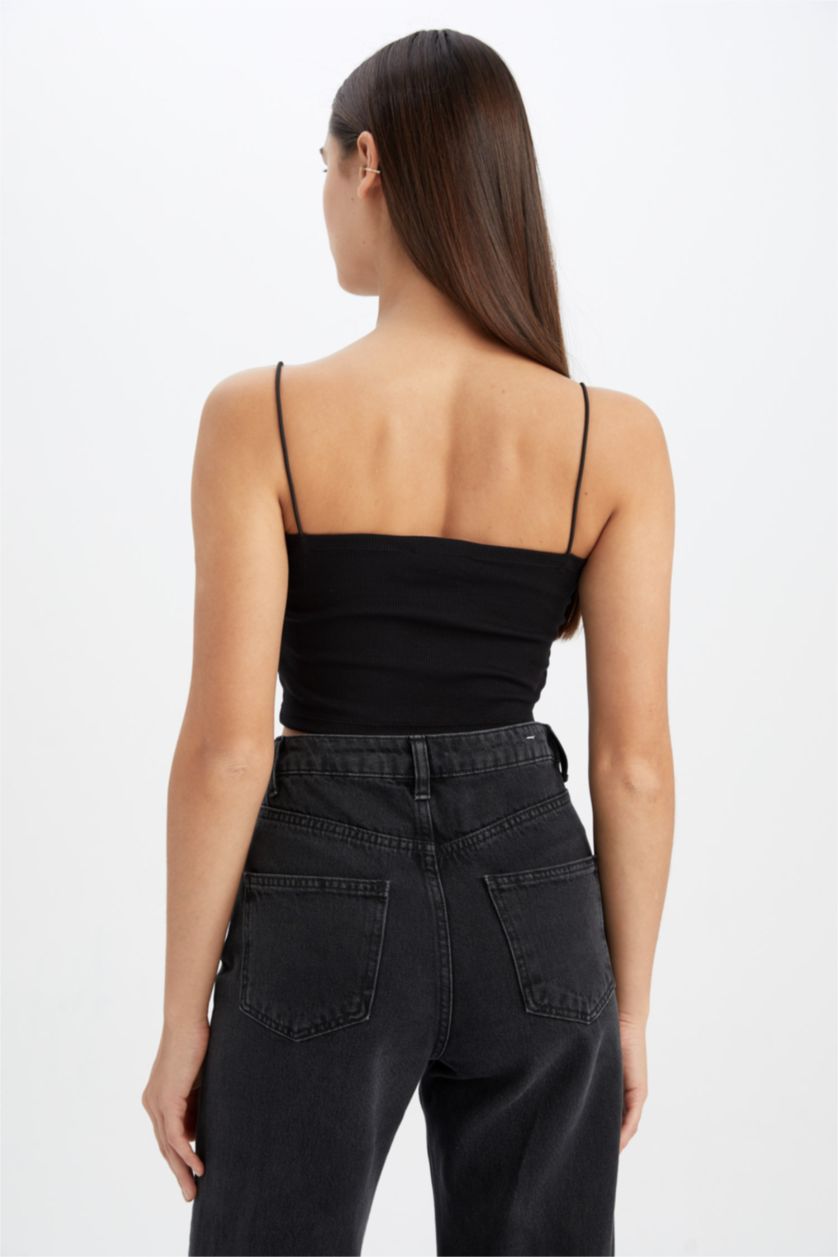 WOMAN Black Coool Skinny Fit Cotton Crop Top with Rope Strap