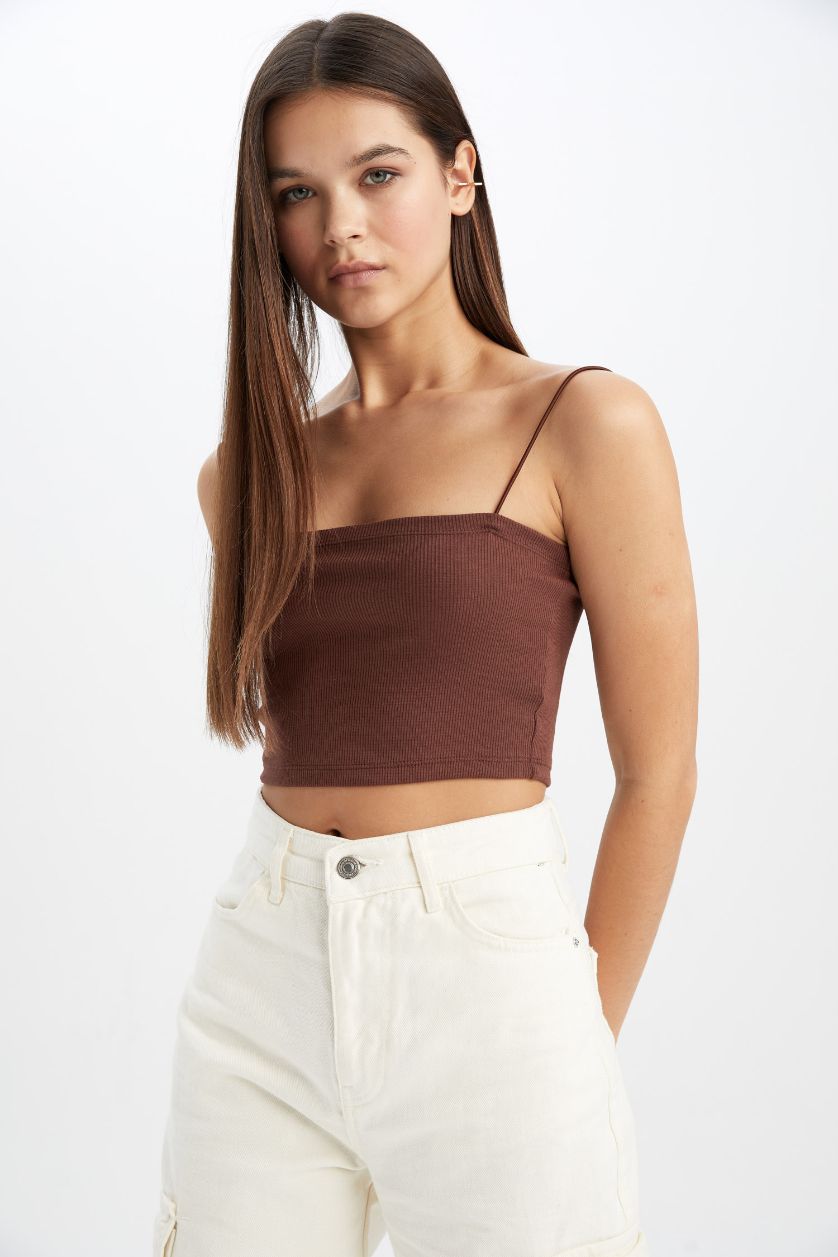 Woman Brown Coool Skinny Fit Cotton Crop Top with Rope Strap