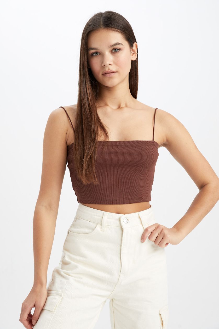 Woman Brown Coool Skinny Fit Cotton Crop Top with Rope Strap
