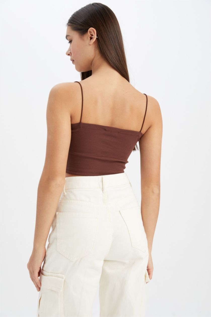 Woman Brown Coool Skinny Fit Cotton Crop Top with Rope Strap