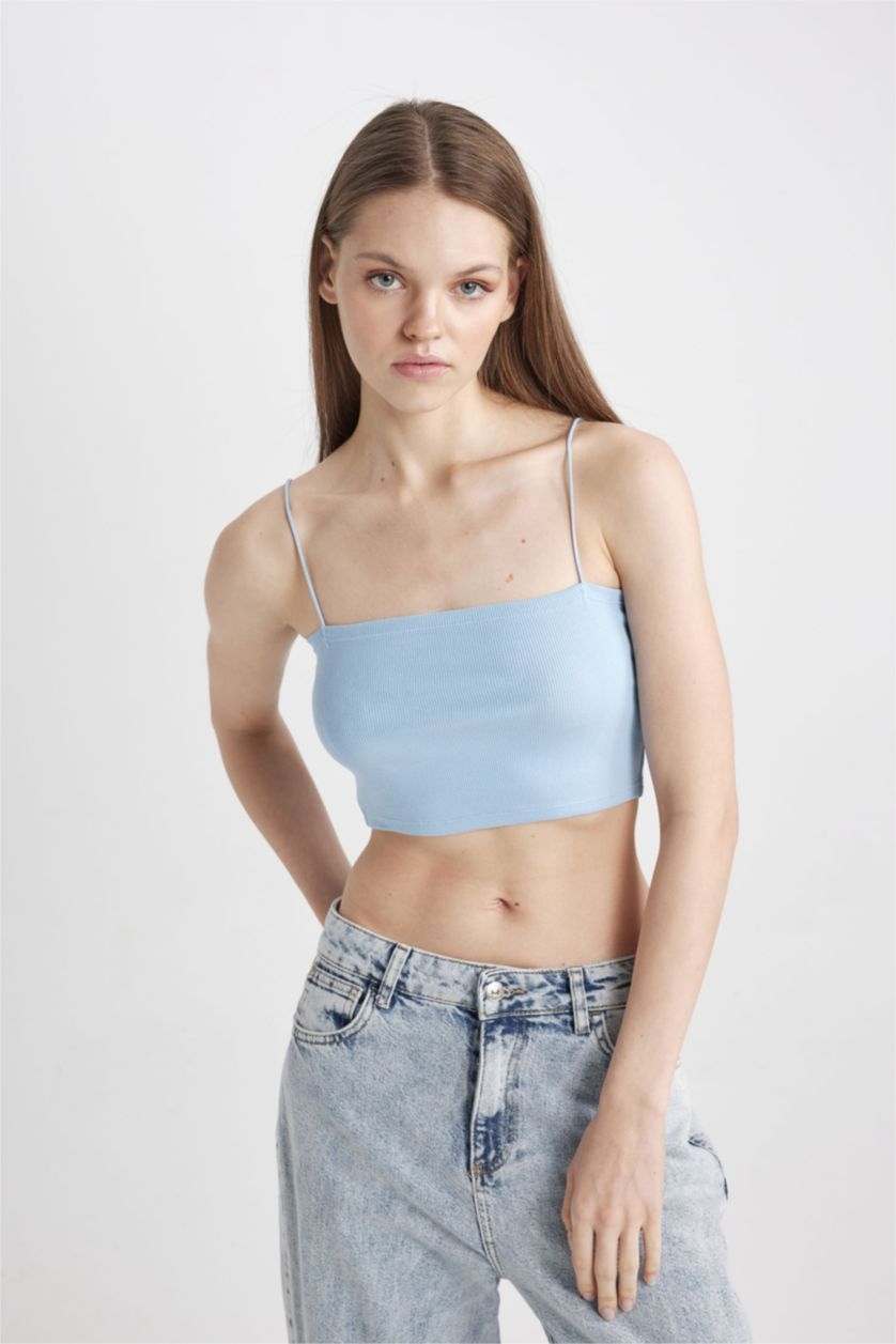 Woman Blue Fitted Ribbed Camisole Crop Top
