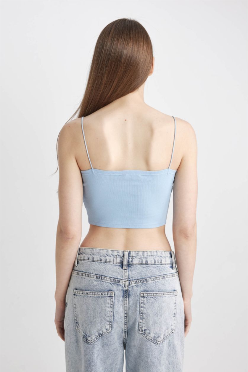 Woman Blue Fitted Ribbed Camisole Crop Top