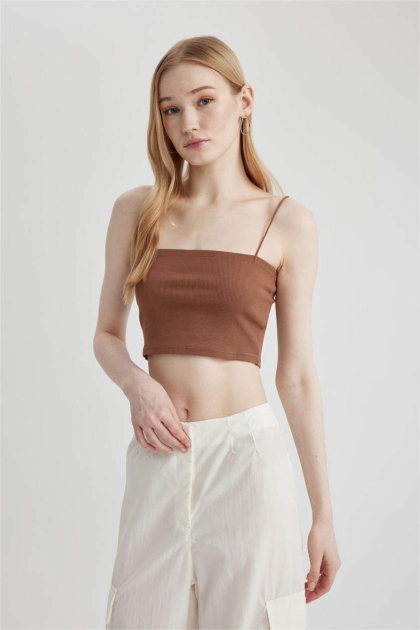 Woman Light Brown Fitted Ribbed Camisole Crop Top