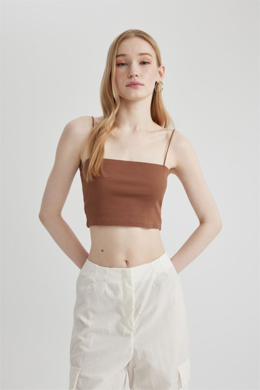 Woman Light Brown Fitted Ribbed Camisole Crop Top