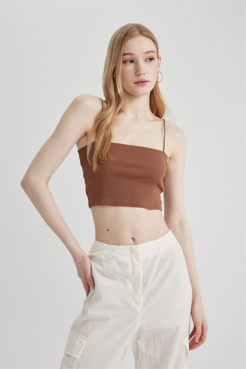 Woman Light Brown Fitted Ribbed Camisole Crop Top