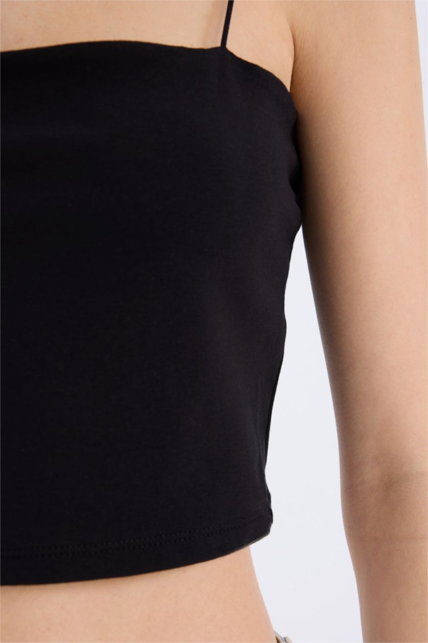 Kadın Siyah Fitted İp Askılı Pamuklu Crop Basic Düz Atlet
