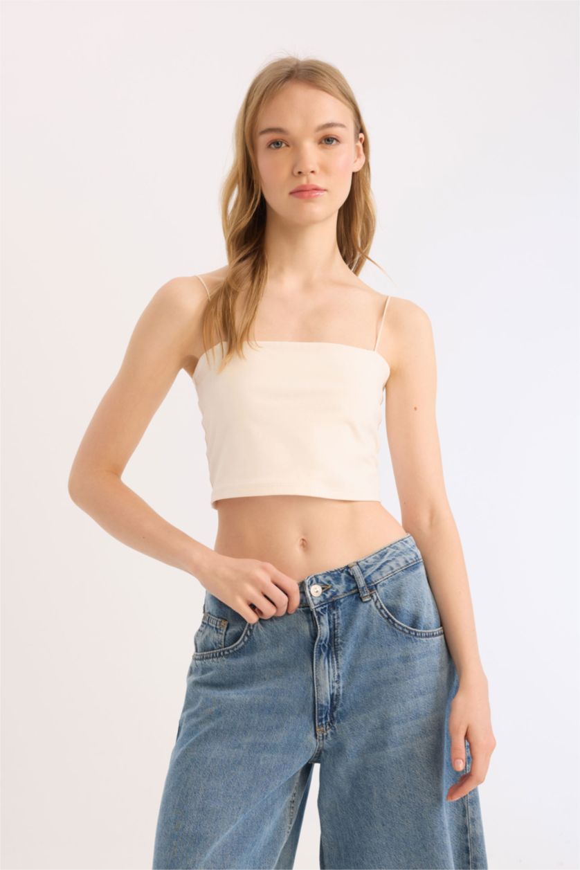 Kadın Kırık Beyaz Fitted İp Askılı Pamuklu Crop Basic Düz Atlet