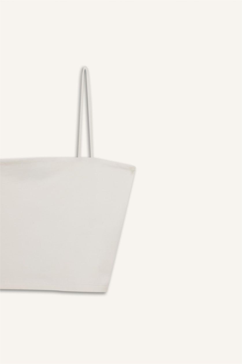 Kadın Kırık Beyaz Fitted İp Askılı Pamuklu Crop Basic Düz Atlet