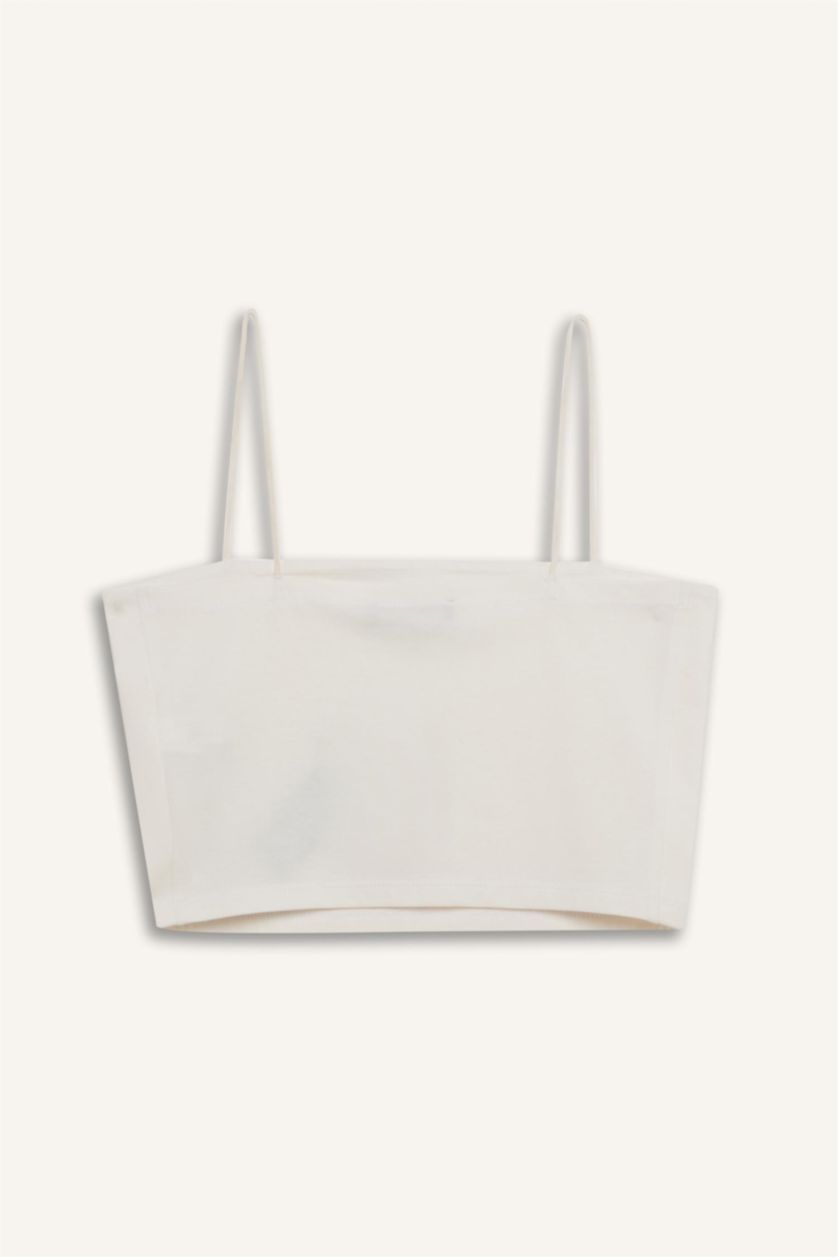 Kadın Kırık Beyaz Fitted İp Askılı Pamuklu Crop Basic Düz Atlet