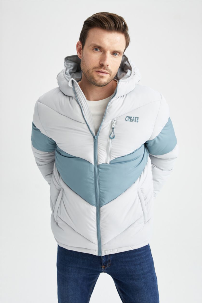 Erkek Açık Gri Rüzgar Geçirmez Su itici Kapüşonlu Mont