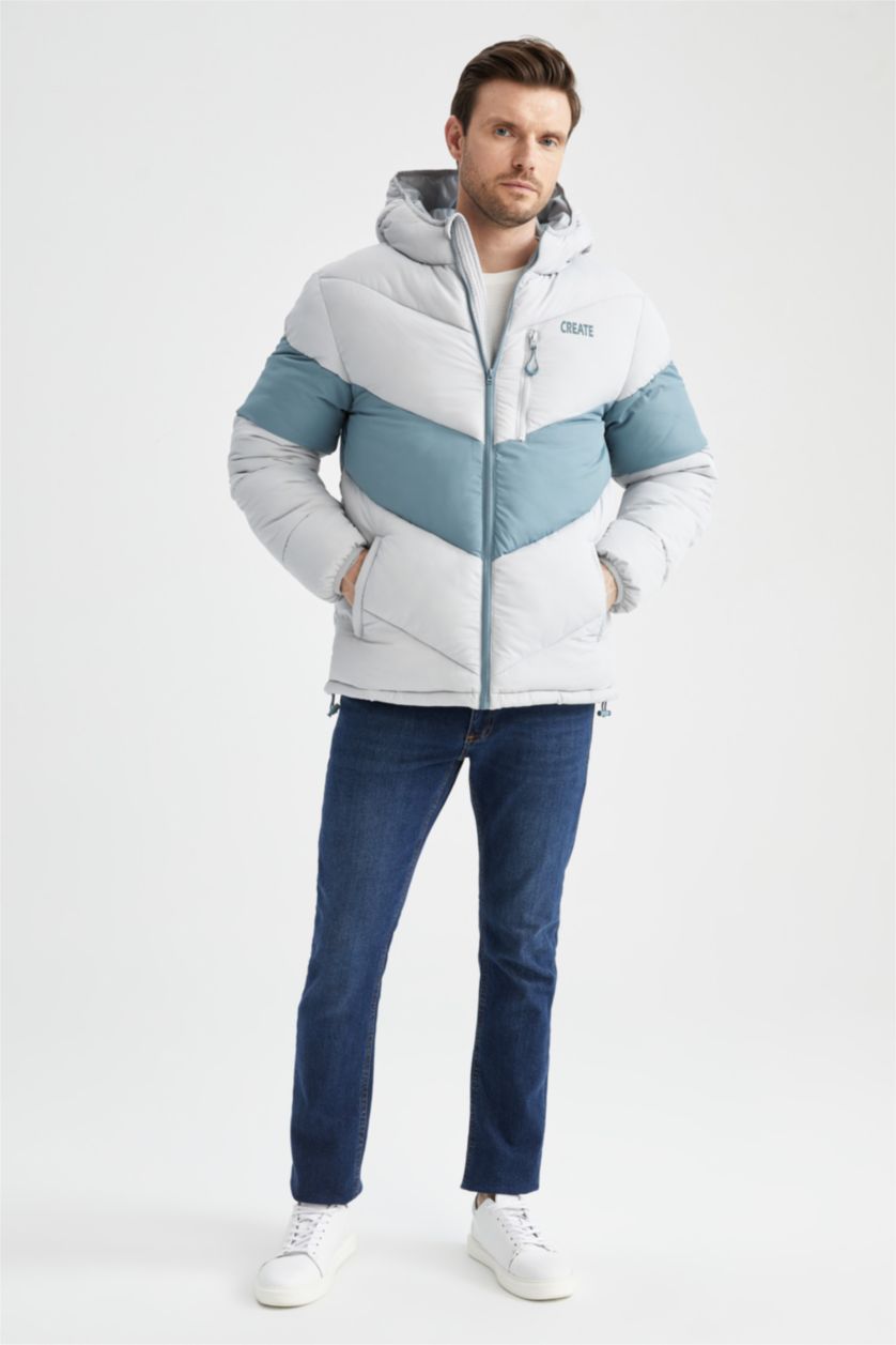 Erkek Açık Gri Rüzgar Geçirmez Su itici Kapüşonlu Mont